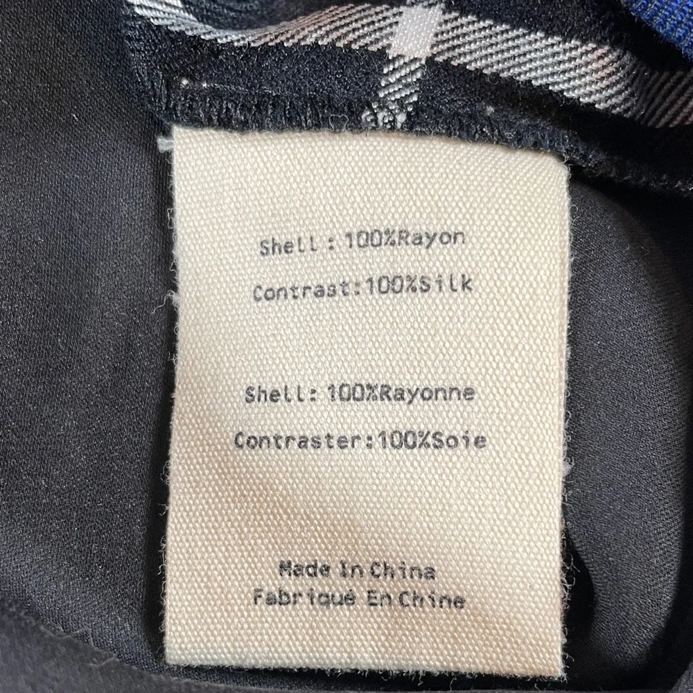 L’AGENCE Flannel Plaid Shirt Contrast Black Silk Back, Blue and Brown - Size XS